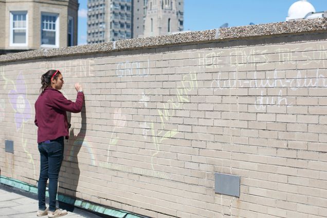 Boston University BU, Warren Towers Patio Garden, chalk art wall