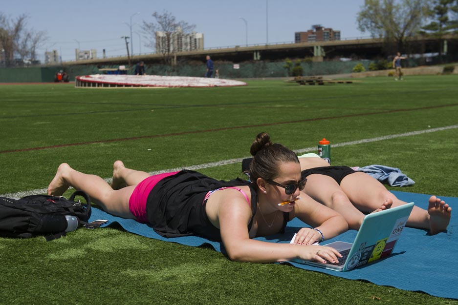 Boston University BU, commencement preparation, Nickerson Field, studying