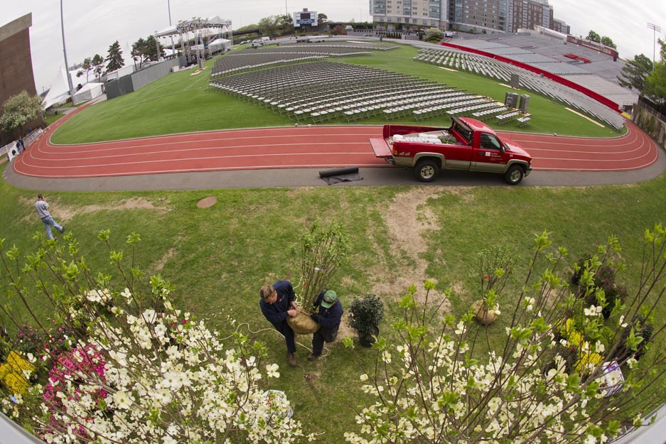 Boston University BU, commencement 2014, Nickerson Field preparations