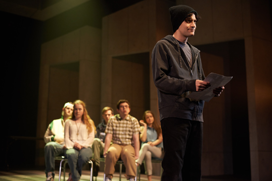 Harrison Bryan as mass murderer Dylan Klebold, columbinus, Stephen Karam playwright, Boston University College of Fine Arts, CFA