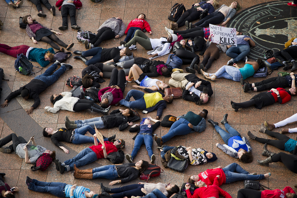 Boston Universtiy BU, Marsh Plaza, student protest Ferguson, police brutality, Michael Brown, Hands Up Walk Out