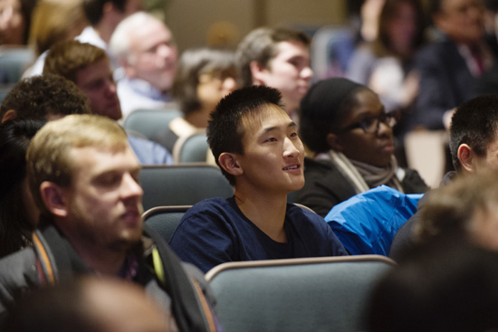 At least 400 people reserved seats to listen to Thiel speak in SMG's auditorium on Tuesday.