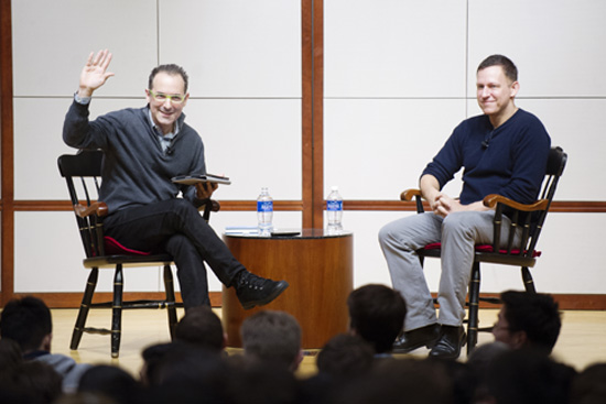 Boston Globe innovation columnist Scott Kirsner (COM'93) (left) moderated the discussion with Thiel, who answered questions that audience members submitted online.
