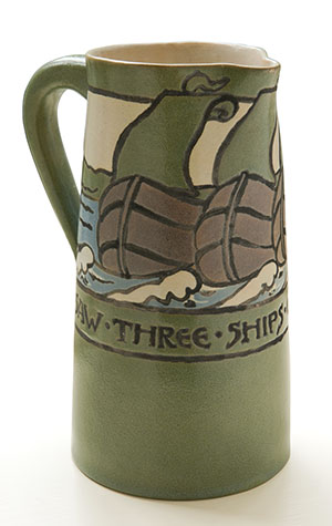 Pitcher, Three Ships design, a Paul Revere Pottery piece decorated by Sara Galner. Photo courtesy of David L. Bloom and family