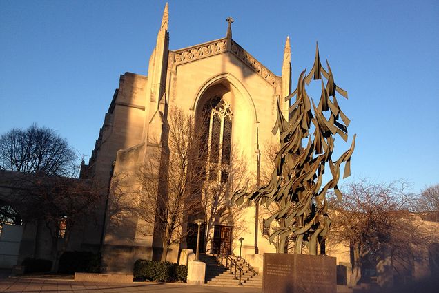 Marsh Chapel and Free at Last sculpture on Marsh Plaza at Boston University