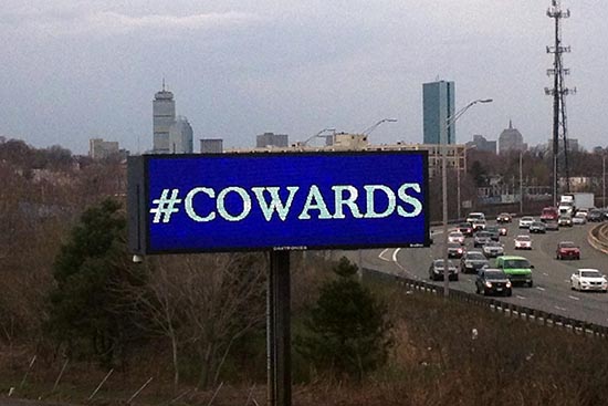 This sign, put up by a labor union about the Boston Marathon bombers, spoke for many, Walsh writes.Photo by Michael P. Monahan, Business Manager, Local 103, IBEW, Boston