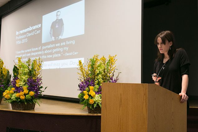 Claire Giangrave speaking at a Boston University memorial service for professor and New York Times reporter David Carr