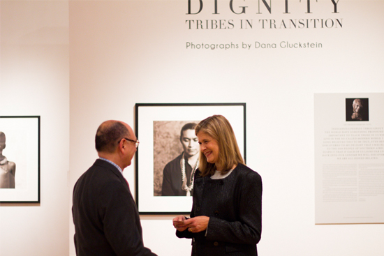 Benjamin Juarez, dean of the College of Fine Arts, and photographer Dana Gluckstein at the January 29 opening reception of her exhibition at the BU Art Gallery at the Stone Gallery.