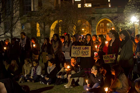 Boston University - Center of Gender, Sexuality and Activism, demonstrate against sexual assault and demand to "Take Back the Night" as a safe place.