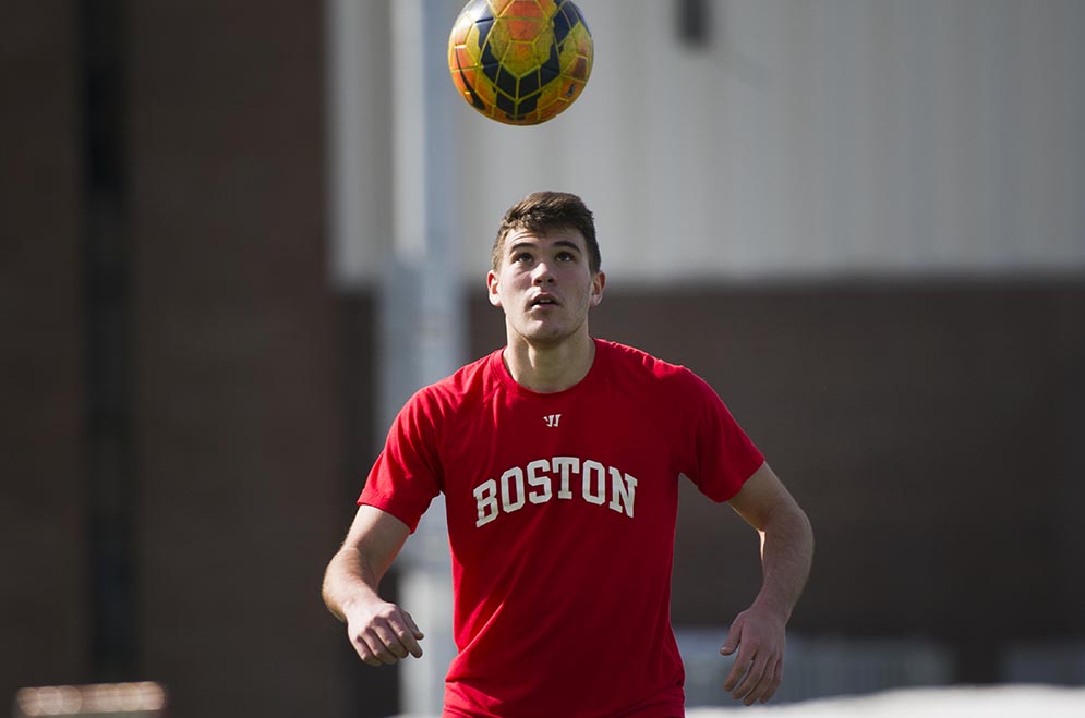 Eric Udelson (CGS'18) center-midfielder for the men's team gets in a solo workout at Nickerson Field with some ball work and drills March 11, 2015.   Photo by Cydney Scott