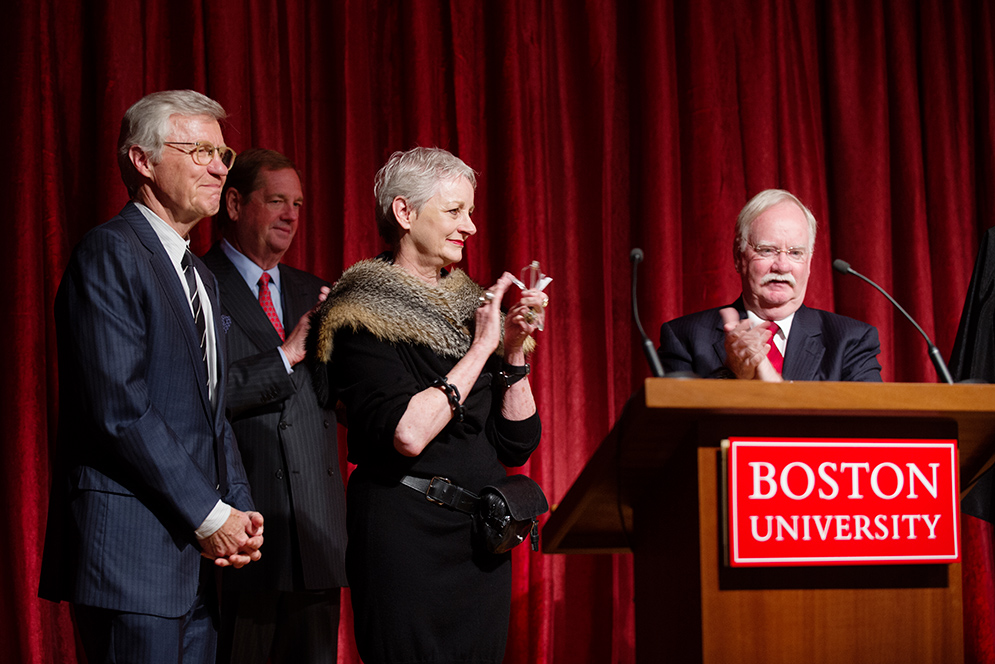Allen Questrom, Robert Knox, Kelli Questrom, and President Robert Brown announce the Boston University Questrom School of Business