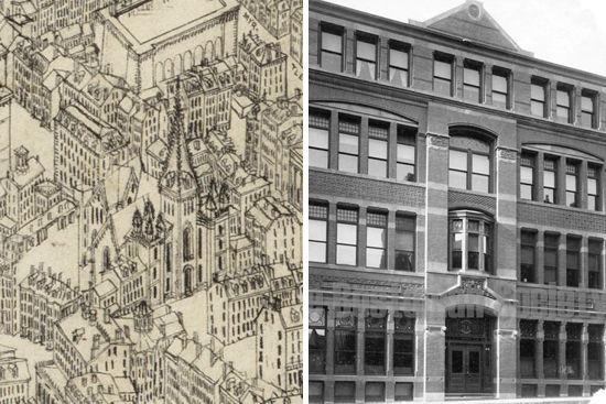 On the left, an 1879 bird’s-eye view of First Baptist Church on Beacon Hill. The building was later purchased by BU and became the original Sleeper Hall, home of the University’s first College of Liberal Studies. Image of First Baptist Church courtesy of Boston Public Library. Image of Sleeper Hall courtesy of the Bostonian Society