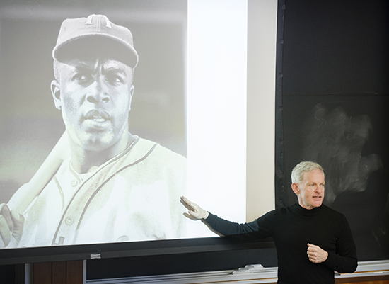 In the CGS History, Literature, Film, and Science of Baseball class, Thomas Whalen talks about the historic moment when Jackie Robinson integrated the major leagues. Photos by Jackie Ricciardi