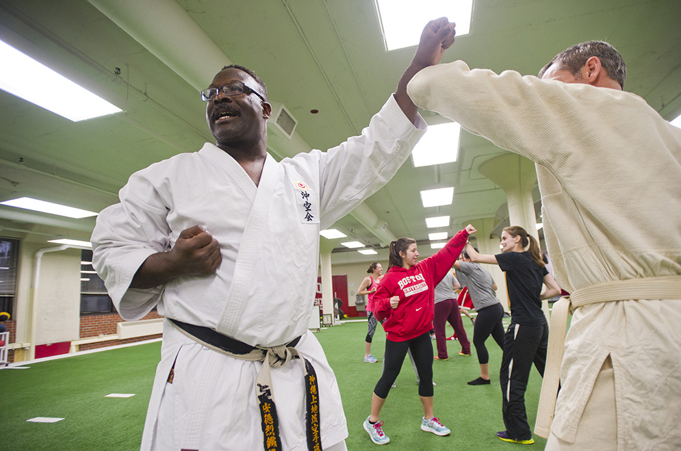 Andre Tippett, Patriots and NFL Hall of Fame football player shares his knowledge of Gōjū-ryū, one of the main traditional Okinawan styles of karate, in the SED PE 705 Analysis of teaching movement class March 31, 2015. Photo by Cydney Scott