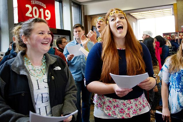Becca White, left (CFA 15) and Leanne Ciccone (SED 16) participate in a Beatles event at the GSU on Friday, April 10, 2015. CFA students put together the event to mark the 45th anniversary of the date the Beatles split up. Photo by Jackie Ricciardi