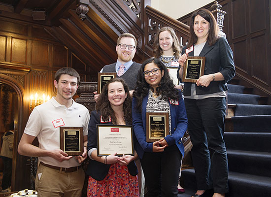 (bottom, left to right) Joe Ferme (CASí15)ó Undergraduate Student Employee of the Year, Stephanie Creag (CFAí15), who won the Undergraduate Outstanding Service Award and Sweekriti Satpathy (ENGí15), named the Graduate Student Employee of the Year (top left to right) Zachary Bos (GRSí16)- Supervisor of the year, Rachel Ceccarelli (SPHí15), honored with the Graduate Outstanding Service Award and Amy Shanler- Supervisor of the year, runner up pose for a photo on Thursday, April 16, 2015. Photo By Jackie Ricciardi for Boston University Photography