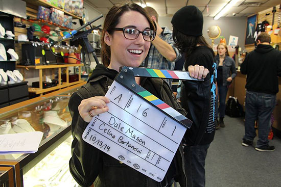 <em>Pals & Friends</em> cast member Cassie D’Agostino (COM’16) takes a break during a location shoot in Lynn, Mass. 