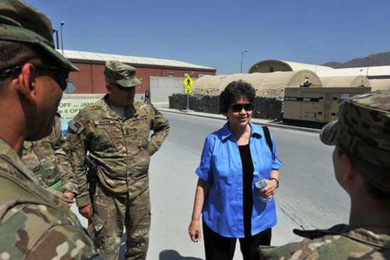 Frankel greets US soldiers on a 2013 congressional fact-finding trip to Afghanistan. Photo courtesy of Frankel