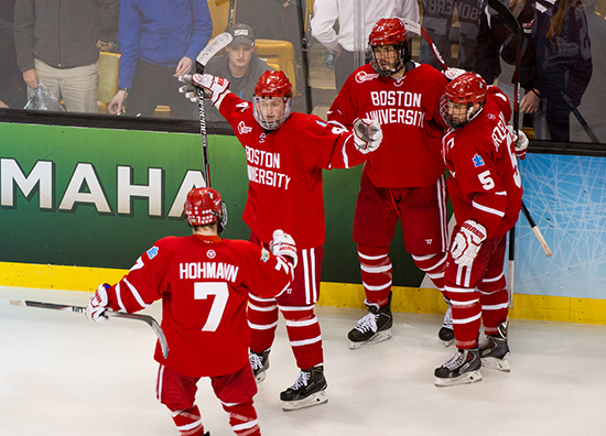 Jack Eichel (CGS'18) celebrates his final point scored in the final second of Thursday night's 2015 Men's Frozen Four National Championships at TD Garden against North Dakota.