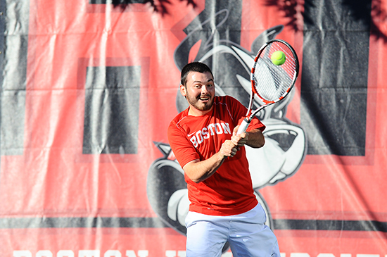 Junior Stefan Lemire, selected fourth in the conference preseason poll with two-first place votes, and the Terriers will compete at the Patriot League Championship in Lewisburg, Pa., on April 16–19.  Photo by Steve McLaughlin