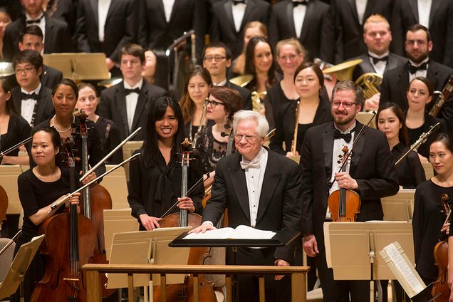 Conductor David Hoose bows to a standing ovation following the BU Symphony Orchestra and Chorus’ exquisite performance of Gustav Mahler’s Symphony no. 2, Resurrection on Tuesday evening at Symphony Hall, Photo by Michael Lutch