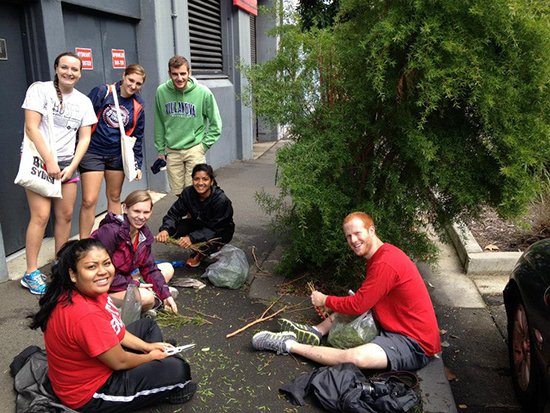 Lindsay Nicastro (CGS’13, CAS’15) (center, back row) took part in an environmental cleanup project in Sydney, Australia as part of last year’s  Global Days of Service.  She was joined by Becky Brown (CAS’15, COM’15, back row left), and Daniel Zanetti and (front, left to right), Resa Williams (SHA’15), Katrina Strass (CAS’15), Roshni Patel (SHA’15, Questrom’15), and Austin Corbett (COM’14). The students were in the BU Study Abroad Sydney program. Photo courtesy of BU Study Abroad