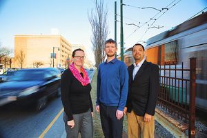 Lucy Hutyra, Conor Gately, and Ian Sue Wing, from the GRS department of earth and environment, developed a new way to measure CO2 emissions from cars. The new system, called DARTE, could help cities combat climate change. Photo by Michael D. Spencer