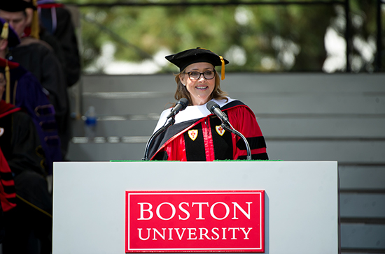 Honorary degree recipient Meredith Vieira gives her commencement address during the 2015 Boston University Commencement at Nickerson Field on May 17, 2015.