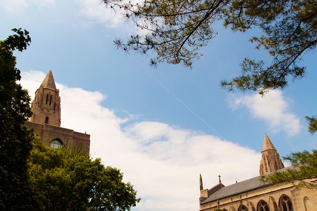 blue sky over Marsh Chapel and Marsh Plaza at Boston University