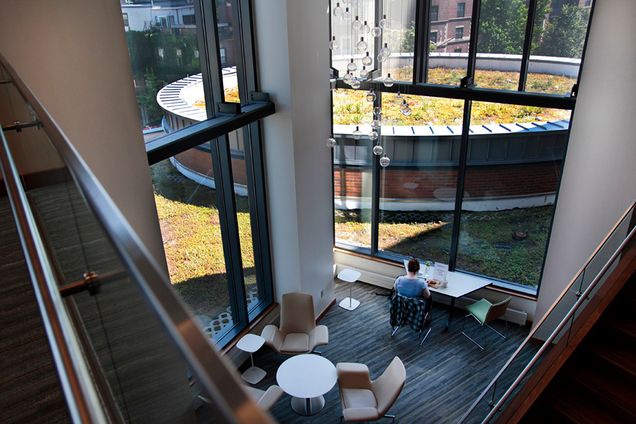 Amy Bennett-Zendzian, lecturer and tutor in CAS Writing Program, waits for students to bring their papers for help and review. 3rd floor of Yawkey Center