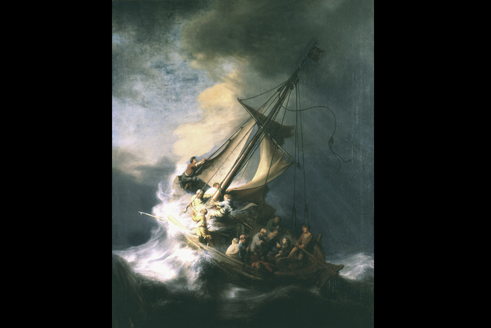 Rembrandt’s famous Christ in the Storm on the Sea of Galilee is a 63” x 50” oil on canvas.