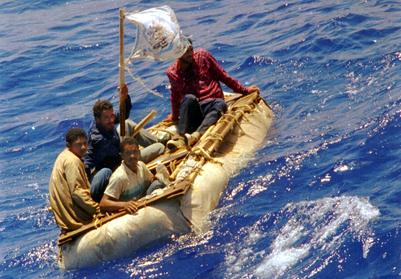 Cuban refugees float in a raft off Key West, Florida during the 1994 Cuban Rafters crisis