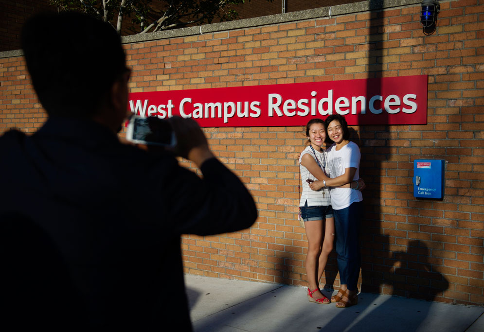 Hong family takes a farewell photo after fall semester move-in on the Boston University campus