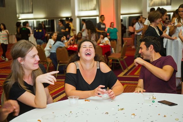 Anne Klitkou (COM'16) of Denmark, from left, Francesca Silvestri (CAS'16) of Italy, and Nazif Tamer (ENG'17) of Turkey during the International Welcome at the GSU September 3, 2015. Photo by Cydney Scott
