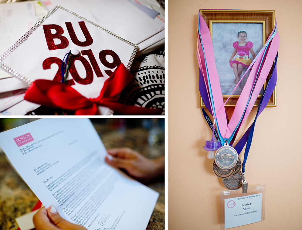 photo collage showing Jessica Silva's high school graduation cap, her Boston University acceptance letter, and a childhood photo of adorned with trophies and medals