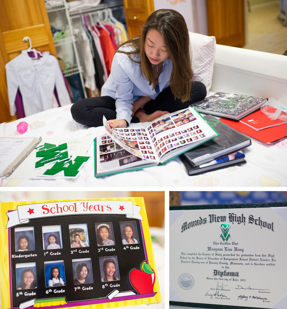 Lisa Hong glances through her high school yearbook