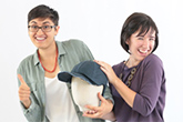 Renee Nassar and Diana Smith with a prototype of their protective headgear for teachers of Autistic children