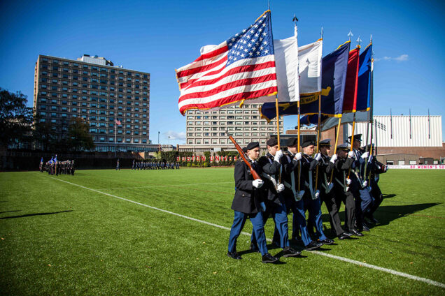 ROTC cadets march in the Boston University Pass-in Review at Nickerson Field