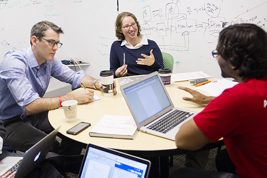 Eve Brown, a LAW clinical instructor and director of the Entrepreneurship & Intellectual Property Clinic (from left), Ben Esparza (LAW’16), MIT graduate student and clinic client Rishan Mohamed, Ryan Melvin (LAW’16), Kelvin Chan (LAW’16), and Nathaniel Gray (LAW’16).