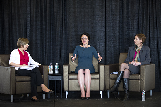 (left to right) Sondra Crosby, Director, Immigrant and Refugee Health Program, Boston Medical Center, Maria Sacchetti, Staff Reporter for The Boston Globe and Amy Slaughter, Chief Strategy Officer, RefugePoint participate in the monthly Dean seminar, The Health of Refugees: Europe in Crisis on Tuesday, October 13, 2015 Photo By Jackie Ricciardi for Boston University Photography