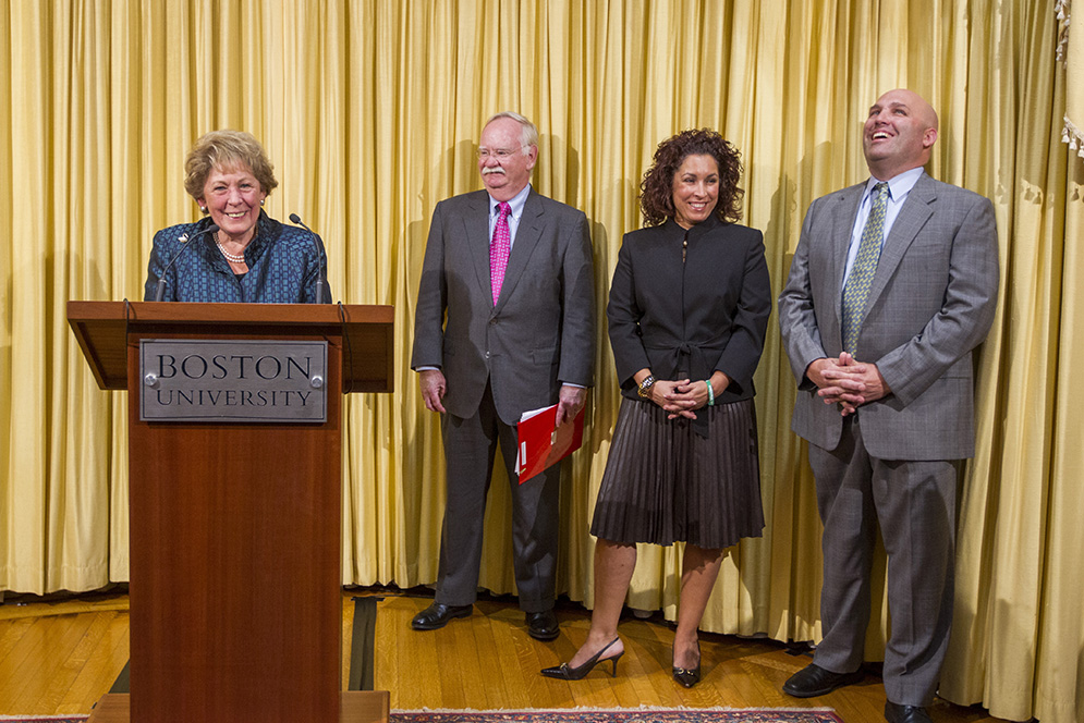 The late Thomas M. Menino's widow Angela Menino, along with President Robert A. Brown, Menino's daughter Susan Menino Fenton and son Thomas Menino, Jr stand together to announce October 27, 2015 that the official Thomas M Menino Archive will be curated and housed by BU. Photo by Cydney Scott