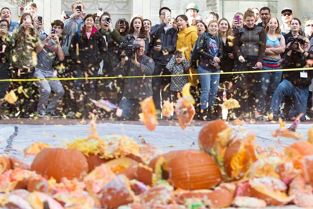 A crowd watches as pumpkins drop from the roof of Metcalf Science Center on Friday, October 30, 2015 during the annual physics department pumpkin drop. Photo By Jackie Ricciardi
