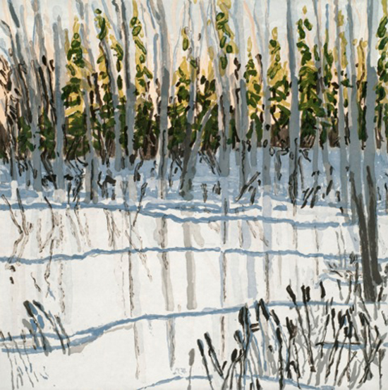 Trees Reflected on Ice (2002), sugar lift and aquatint, by Neil Welliver. Courtesy of Wingate Studio