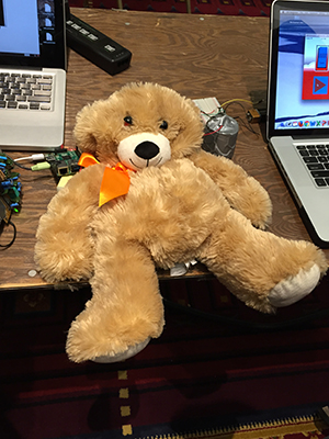 After 24 hours of hacking, ScareBear’s cuddly exterior masked a computer-generated, ghoulish growl. Photo by Rich Barlow