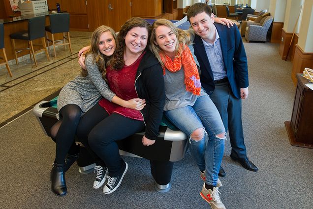 When Hillel House is a home: Erin Miller (CAS’17), chair of Hillel’s student board (from left), Jordan Rozenfeld (Questrom’17), Brittney Badduke (COM’17), and Danny Hochberg (Questrom’16), at the Florence & Chafetz Hillel House.