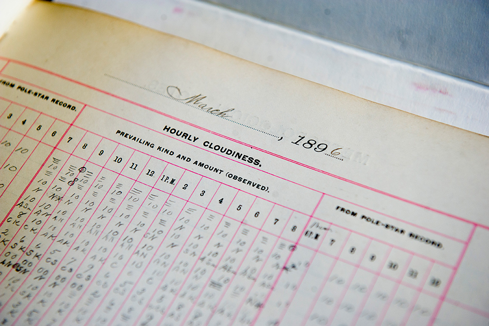 Hand-written notes from a Blue Hill Observatory weather log from 1896