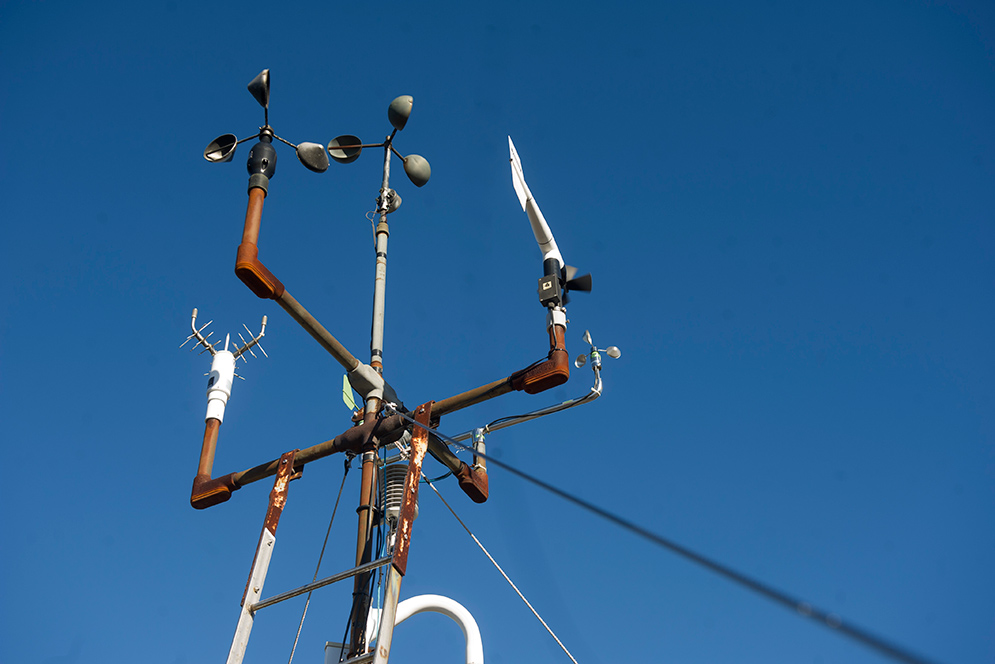 array of anemometers atop the observatory tower at Blue Hill Observatory