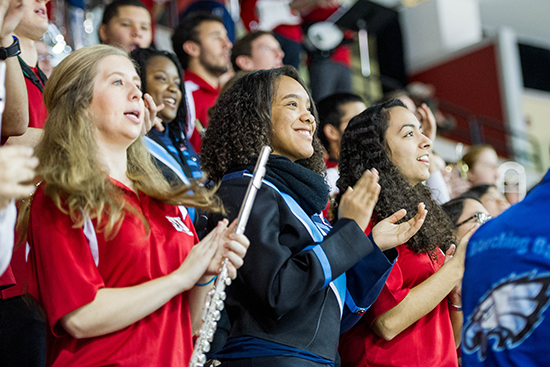 BU Pep Band’s Catherine Wood (CAS’18) (from left), Michelle Beltre from BEHS, and Maya Pahima (CAS’19). Photo by Cydney Scott