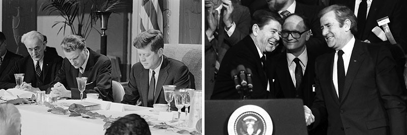 As a candidate, John F. Kennedy (shown at a 1963 presidential prayer breakfast) downplayed his faith. By the 1980s, the Religious Right, championed by Jerry Falwell (shown with President Ronald Reagan in 1984), was a major force in politics, pushing candidates to wear their faith more openly. Bettmann/Corbis/AP Images (Kennedy), AP Photo/Ira Schwarz (Reagan)
