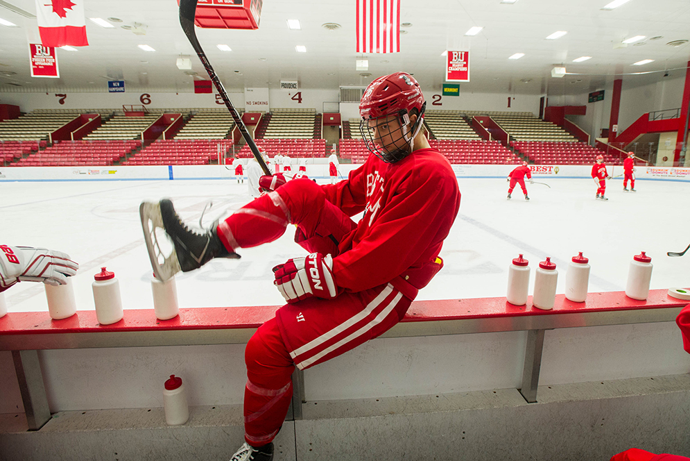 Forward Oskar Andren (CAS'19) comes off the ice momentarily during the men's ice hockey team practice in Walter Brown Arena January 5, 2016. Photo by Cydney Scott